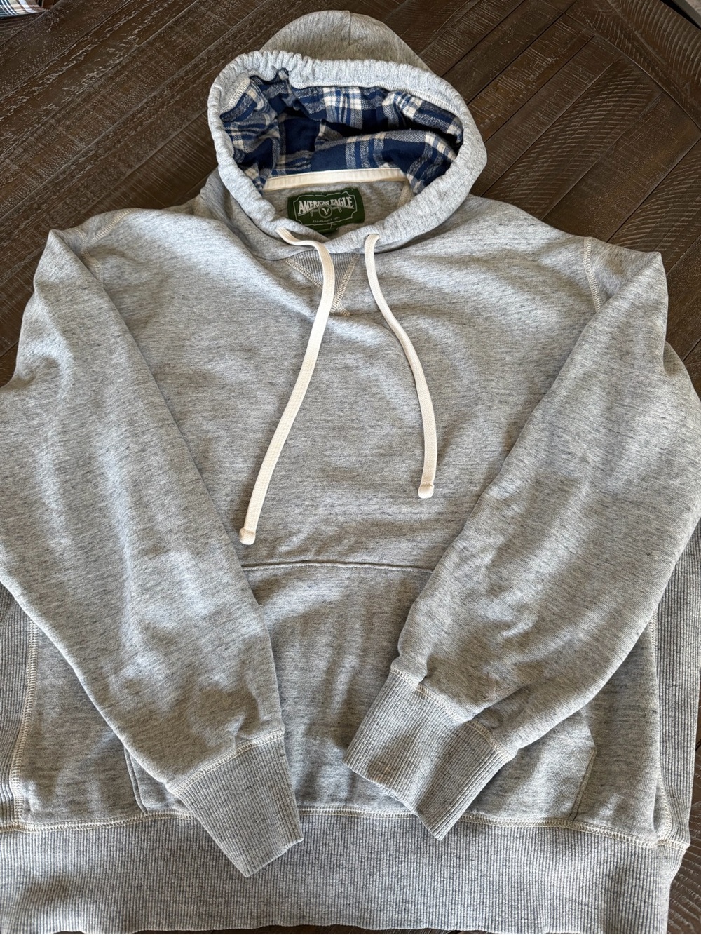 American Eagle Gray Hooded Sweatshirt with Navy Plaid Hood Lining